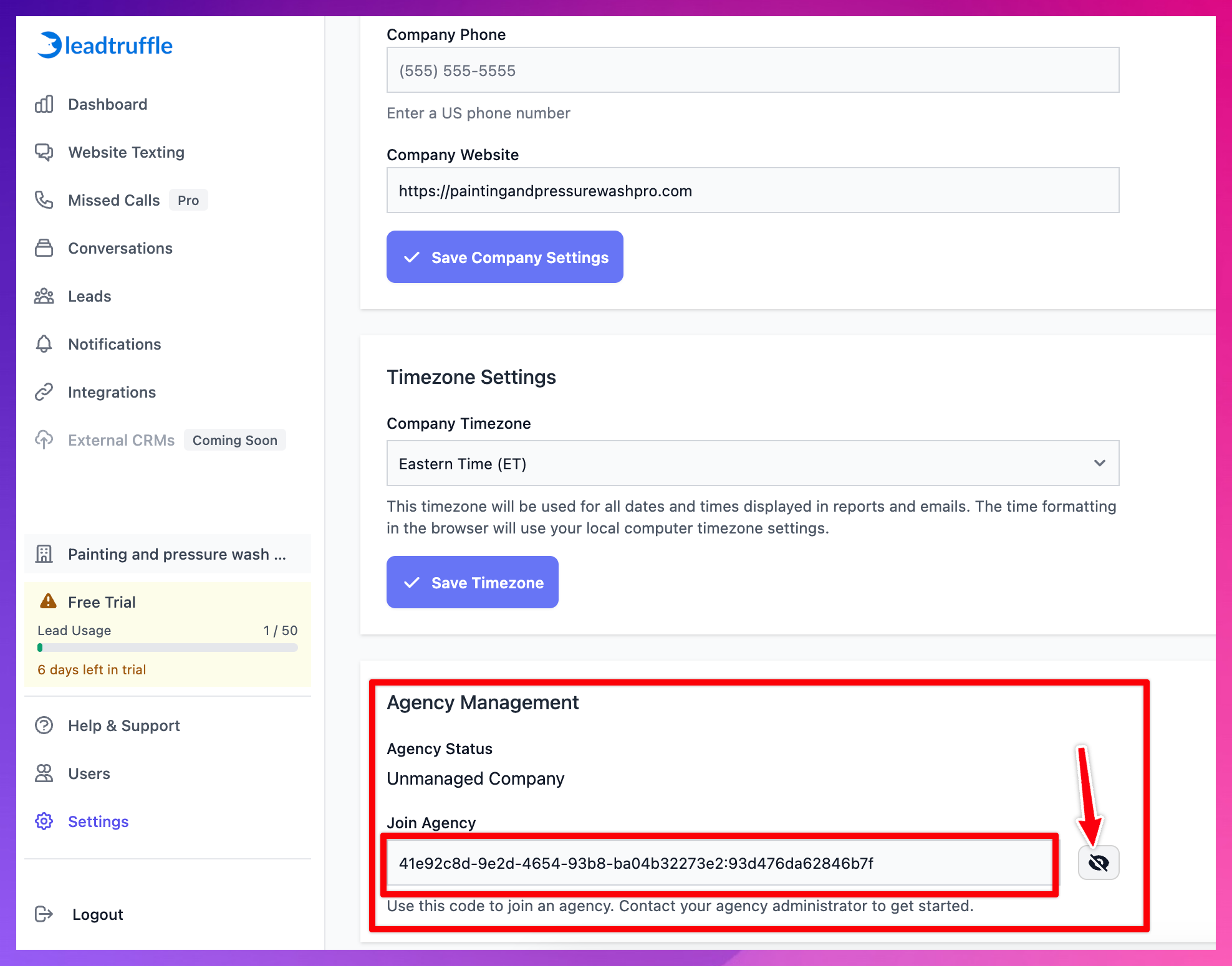 Add an existing LeadTruffle account to an Agency account screenshot 2
