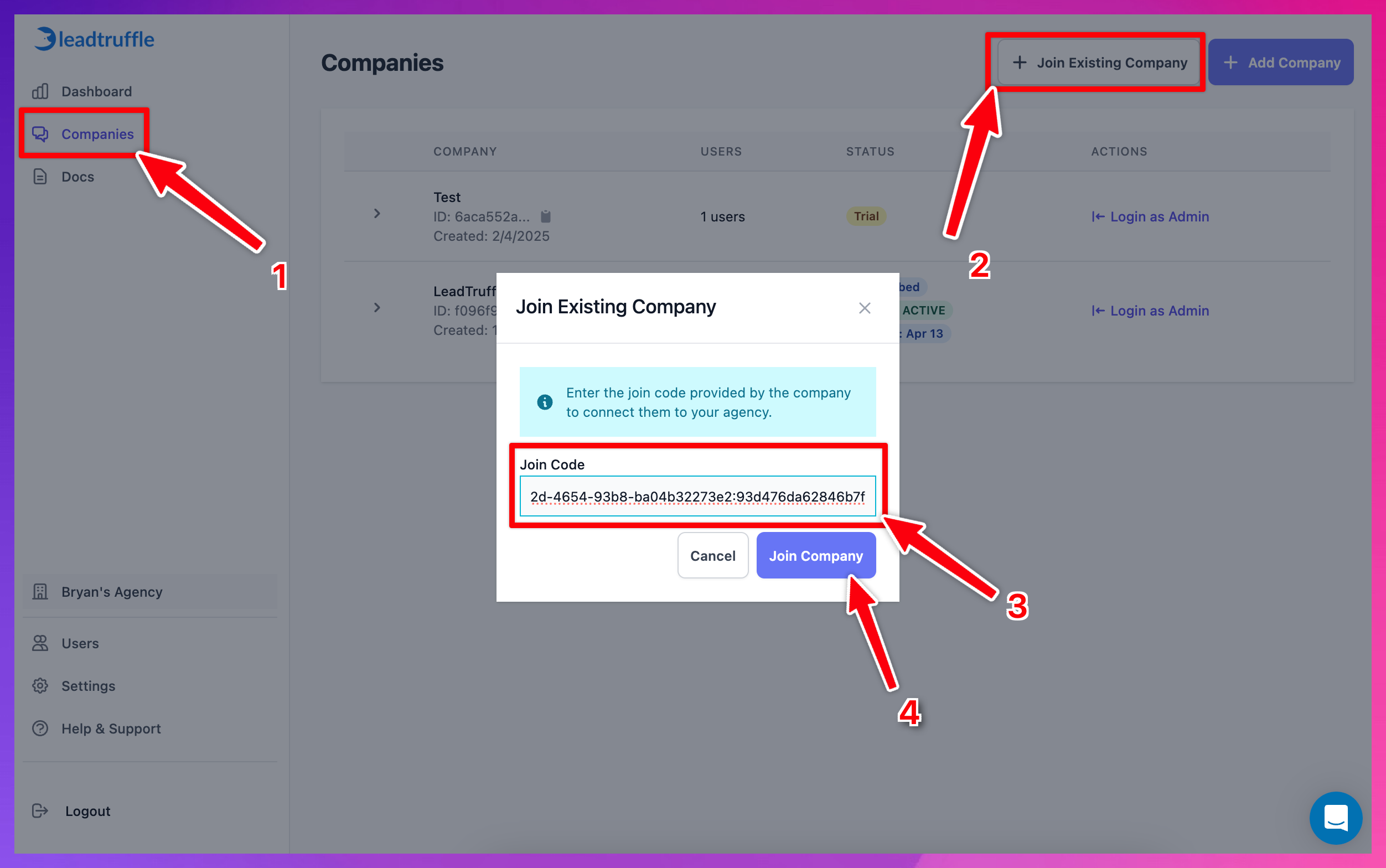 Add an existing LeadTruffle account to an Agency account screenshot 3