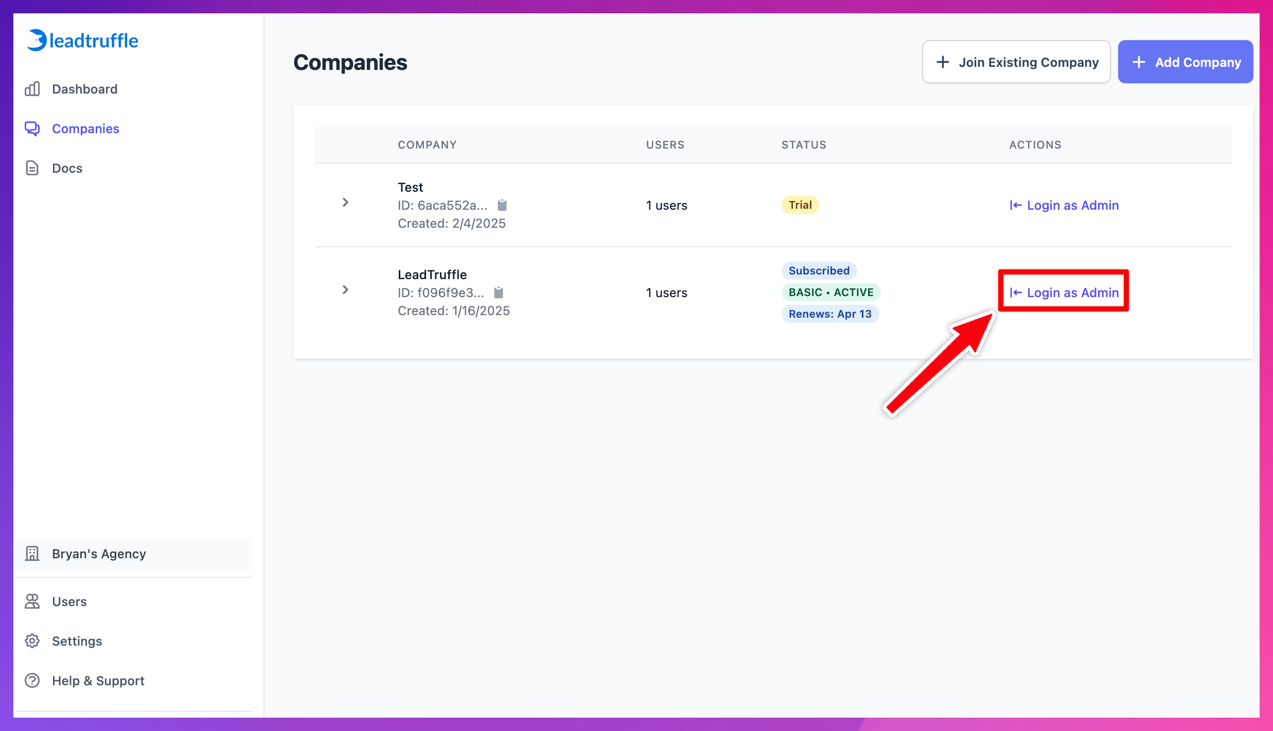 Add an existing LeadTruffle account to an Agency account screenshot 4